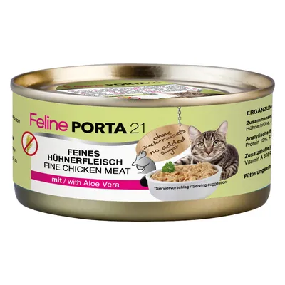 Feline Porta 21 finom csirkehús aloe verával, hozzáadott cukor nélkül. Kiegészítő eledel macskáknak. Tál csirkehússal.