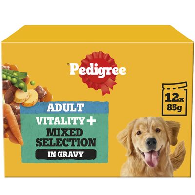 Pedigree Adult Vitality+ Mixed Selection in Gravy, 12 x 85g pouches. Visible ingredients include peas, carrots and potatoes.