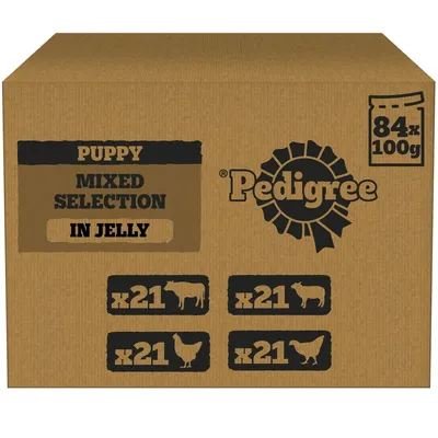 Puppy mixed selection in jelly, 84 x 100g packs. Contains 21 each of beef, lamb, chicken and poultry varieties.