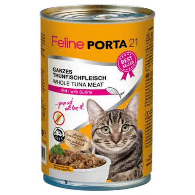 Feline Porta 21, cela tuna s surimijem, brez dodanega sladkorja, predlog za serviranje s sliko mačke. Prikazana oznaka Best Seller.