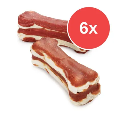 Dvě žvýkací kosti s červenobílou vrstvou, v pravém horním rohu červený kruh s bílým textem „6x“ Dvě žvýkací kosti s červenobílou vrstvou, v pravém horním rohu červený kruh s bílým textem „6x“