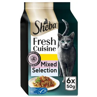 Sheba Fresh Cuisine Mixed Selection, Taste of Hawaii, 6 x 50g packs, certified sustainable seafood MSC label shown on packaging.