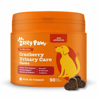 Zesty Paws Cranberry Urinary Care Chews, 4+ Months, 90 Soft Chews, Dog Approved, with Exocyan, D-Mannose, cranberries, rich in turkey.