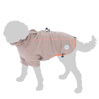 Manteau pour chien en tissu beige avec cordons de serrage noirs et liseré orange, badge rond NT visible sur le côté.