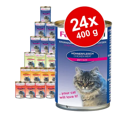 Feline Porta 21 kattemad, dåse med teksten 'HÜHNERFLEISCH CHICKEN MEAT pur/pure', sæt med 24 x 400 g. Tekst: ...your cat will love it!