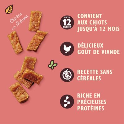 Chicken with Salmon. Convient aux chiots jusqu’à 12 mois. Délicieux goût de viande. Recette sans céréales. Riche en précieuses protéines.