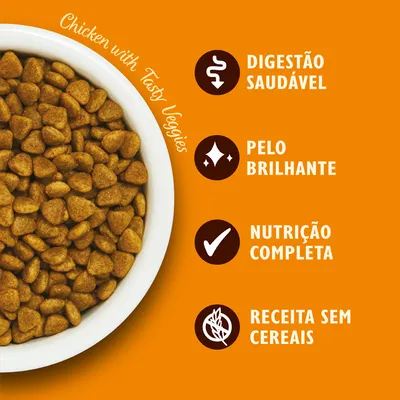 Chicken with Tasty Veggies. Digestão saudável, pelo brilhante, nutrição completa, receita sem cereais.