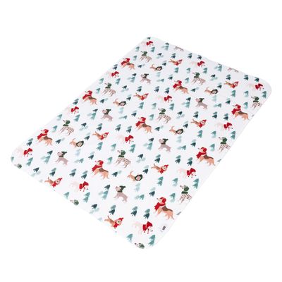 White mat with colourful pattern of dogs in winter clothing and small fir trees.