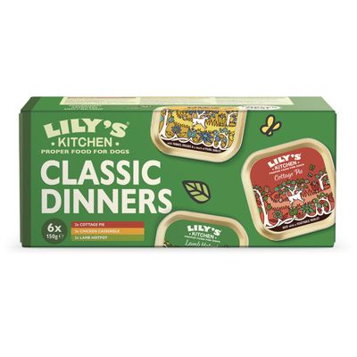 LILY'S KITCHEN Proper Food for Dogs, 6 Classic Dinners: 2×150g Cottage Pie, 2×150g Chicken & Turkey Casserole, 2×150g Lamb Hotpot. Nápis na obalu a viditelné příchutě.