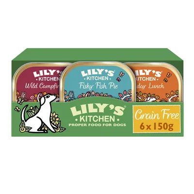 Lily's Kitchen Proper Food for Dogs, viljaton lajitelma: Wild Campfire Stew, Fishy Fish Pie, Sunday Lunch. 6 x 150 g annospakkaukset koirille. Lily's Kitchen Proper Food for Dogs, viljaton lajitelma: Wild Campfire Stew, Fishy Fish Pie, Sunday Lunch. 6 x 150 g annospakkaukset koirille.