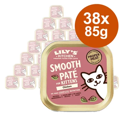 Lily's Kitchen Smooth Paté kissanpennuille, kana, 38x85g. Luonnolliset ainesosat, viljaton, ilman lisättyä sokeria. Täysravinto laadukkaalla lihalla.
