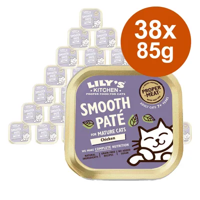 Lily's Kitchen Smooth Paté dla starszych kotów, kurczak, 38x85g. Naturalne składniki, bez zbóż, bez dodatku cukru. Dla kotów od 7 lat.