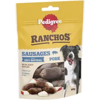 Pedigree Ranchos sausages with pork and juicy apples, 100% natural, grain free, no added sugar, 60g pack shown.
