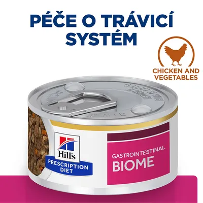 Konzerva Hill's Prescription Diet Gastrointestinal Biome, nápis Péče o trávicí systém, text Chicken and Vegetables, viditelný obsah s kousky masa a zeleniny.