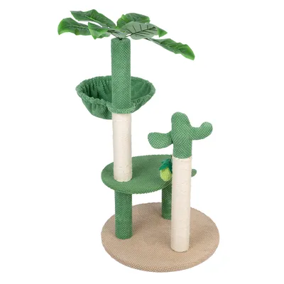 Cat tree in green design with leaf shapes, two sisal posts, one platform, one hanging hammock, and a pineapple-shaped toy.