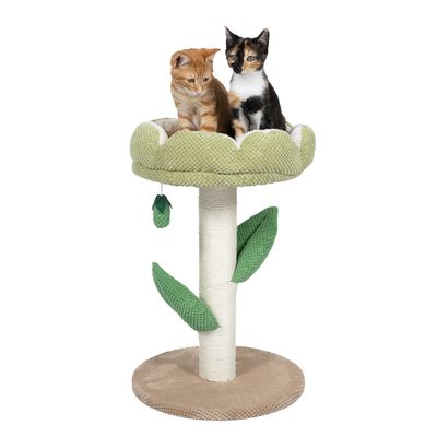 Klösträd i blomform med grön tygdesign, två katter sitter ovanpå. Inklusive hängande leksak och bladdekoration på stammen.