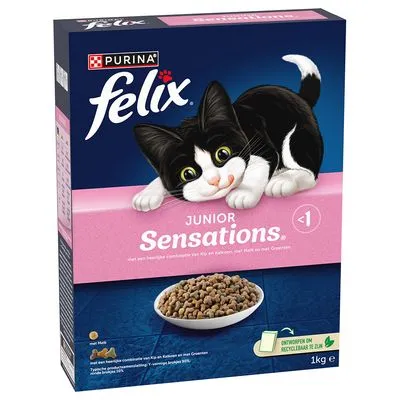 Purina Felix Junior Sensations kattenvoer, zichtbaar: kom met brokjes, tekst 'met kip en kalkoen, met melk en met groenten', verpakking 1 kg, ontworpen om recyclebaar te zijn.