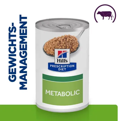 Boîte Hill's Prescription Diet Metabolic, texte visible : GEWICHTS-MANAGEMENT, image d'une cuillère de pâtée et pictogramme vache violette en haut à droite.