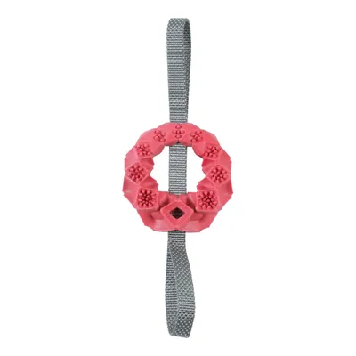 Red plastic toy in ring shape with grey fabric strap, textured for interactive play. Red plastic toy in ring shape with grey fabric strap, textured for interactive play.