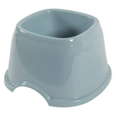 Gamelle carrée en plastique bleu clair avec dessins de chien gravés sur le côté, ouverture pour faciliter la prise en main.