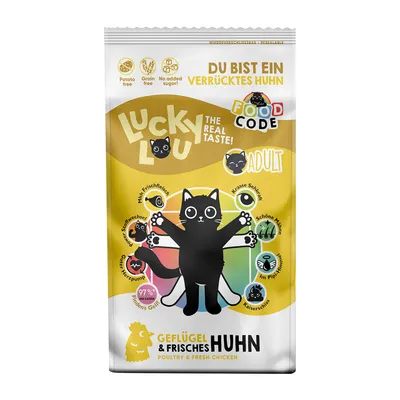 Lucky Lou Adult Geflügel & Frisches Huhn, illustration de chat noir, mentions visibles : sans pomme de terre, sans céréales, sans sucre ajouté, 97 % des chats l’adorent. Texte en allemand/anglais.