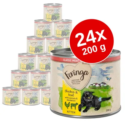Feringa Chicken & Veal with carrots & dandelion KITTEN, 24 x 200 g dåser kattemad. Stor rød cirkel med teksten '24x 200 g' på forsiden af pakken.