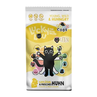 Lucky Lou Kitten, Geflügel & Frisches Huhn, Young, Wild & Hungry, sans pommes de terre, sans céréales, sans sucre ajouté. Texte en anglais et allemand.