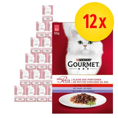 Purina Gourmet mon Petit, confezione da 12x50g, varianti con manzo, vitello e agnello. Immagine di scatole rosse con gatto bianco e piatto di bocconcini in salsa.