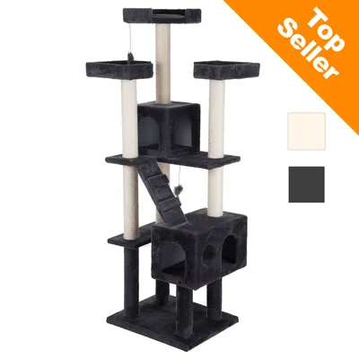 Klösträd med flera nivåer, två grottor, tre utkiksplatser, repklädda stolpar och hängande leksaker. Finns i färgerna beige och mörkgrå. Text: Top Seller uppe till höger.