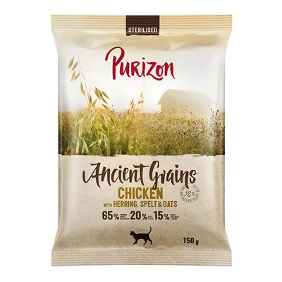 Purizon Ancient Grains Sterilised, Huhn mit Hering, Dinkel und Hafer. 65% tierische Zutaten, 20% Getreide, 15% Obst & Gemüse. Packungsgrösse: 150g.