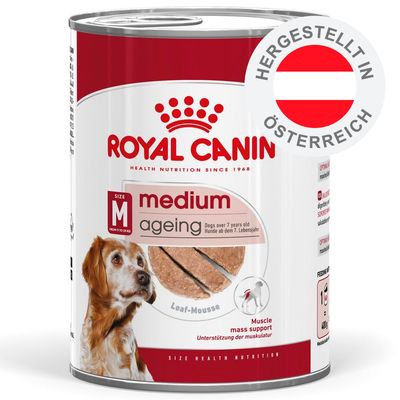 Royal Canin medium ageing Loaf-Mousse, Unterstützung der Muskulatur, Hunde ab dem 7. Lebensjahr, hergestellt in Österreich, 400g Dose sichtbar.