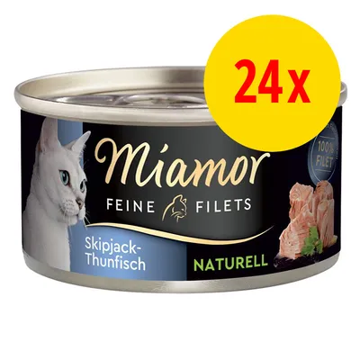 Miamor Feine Filets Skipjack-Thunfisch Naturell, 100% Filet, Abbildung einer Dose mit Thunfischstücken und gelbem Kreis mit rotem Text '24x'