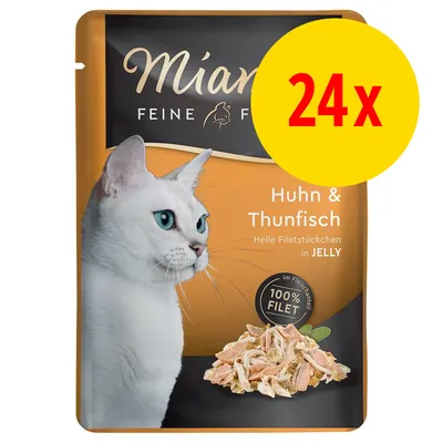 Miamor Feine Filets poulet et thon, morceaux de filet clairs en gelée, 100% filet, lot de 24 portions.