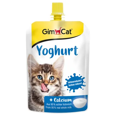 GimCat Yoghurt, με μειωμένη λακτόζη, με ασβέστιο. Από 95% πραγματικό πλήρες γάλα. Η συσκευασία δείχνει εικόνα γάτας και λεπτομέρειες προϊόντος.