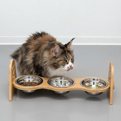 Kattenvoerstation van hout met drie roestvrijstalen kommen, een kat likt haar lippen naast de station.