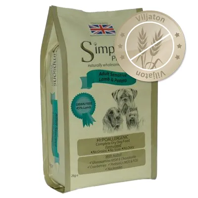 Simpsons Premium Adult Sensitive Lamb & Potato koiranruoka, viljaton, GRAIN FREE 45% Lamb, hypoallergenic, brittilippu pakkauksessa, paino 2 kg