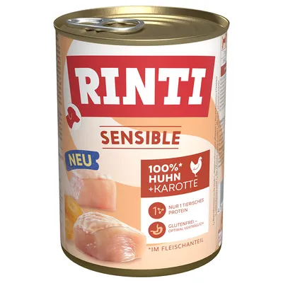 Lata de Rinti Sensible com texto visível: 100%* Huhn + Karotte, nur 1 tierisches Protein, glutenfrei, neu. Imagem de pedaços de frango e cenoura na embalagem.