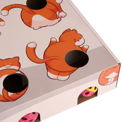 Cat toy made of cardboard with holes and colourful play balls, printed with orange cat motifs.