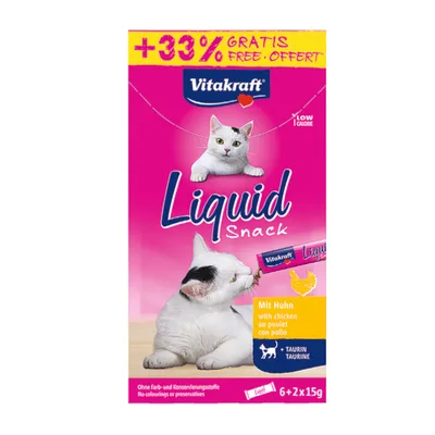 Vitakraft Liquid Snack csirkével, színezék és tartósítószer nélkül, 6+2x15g, +33% ingyen, taurinnal, alacsony kalóriatartalom.