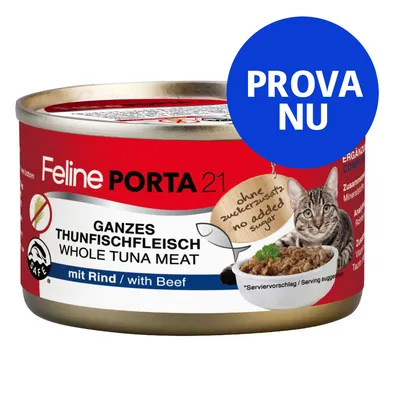 Feline Porta 21 kattmatburk, text: Ganzes Thunfischfleisch Whole Tuna Meat mit Rind with Beef, ohne zuckerzusatz no added sugar. Blå cirkel med texten PROVA NU.