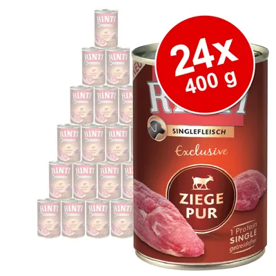 RINTI Singlefleisch Exclusive Ziege Pur, balení 24×400 g. Na etiketě viditelné texty: 1 Protein Single, getreidefrei.