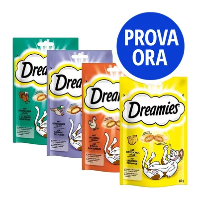 Quattro confezioni Dreamies per gatti, gusti visibili: tacchino, anatra, pollo, formaggio. Cerchio blu con testo 'PROVA ORA'. Ogni busta da 60 g mostra ingredienti e vitamine. Quattro confezioni Dreamies per gatti, gusti visibili: tacchino, anatra, pollo, formaggio. Cerchio blu con testo 'PROVA ORA'. Ogni busta da 60 g mostra ingredienti e vitamine.