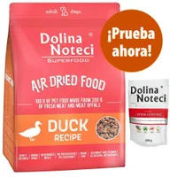 Dolina Noteci Superfood Air Dried Food Duck Recipe para perros adultos. Texto visible: '¡Prueba ahora!'. Incluye sobre Dolina Noteci Premium Wołowine 500 g.
