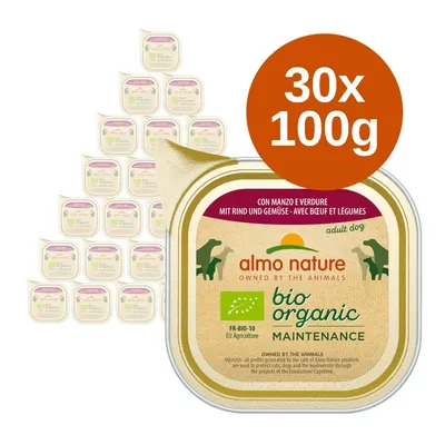 almo nature bio organic maintenance adult dog, marhával és zöldséggel, 30×100 g csomagolás, EU-bio tanúsítvány FR-BIO-10 felirattal almo nature bio organic maintenance adult dog, marhával és zöldséggel, 30×100 g csomagolás, EU-bio tanúsítvány FR-BIO-10 felirattal