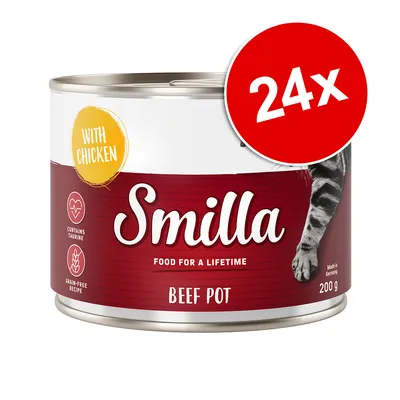 Smilla Beef Pot with Chicken, 200 g, balení 24×. Obsahuje taurine, grain-free recipe, Food for a lifetime. Vyobrazená část kočky na etiketě.
