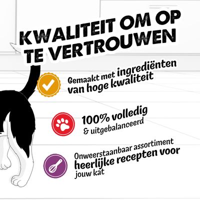 Gemaakt met hoogwaardige ingrediënten, 100% volledig en uitgebalanceerd, onweerstaanbare selectie van heerlijke recepten voor uw kat.