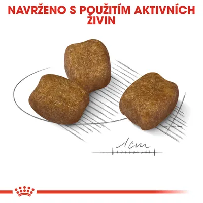 Tři granule, měřítko 1 cm, text: NAVRŽENO S POUŽITÍM AKTIVNÍCH ŽIVIN