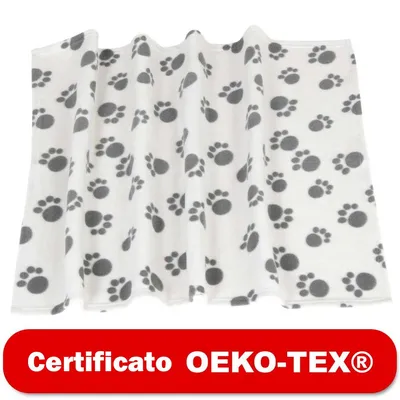 Coperta in tessuto bianco con impronte di zampa grigie, testo visibile: Certificato OEKO-TEX®