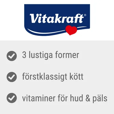 Vitakraft. 3 lustiga former, förstklassigt kött, vitaminer för hud & päls.