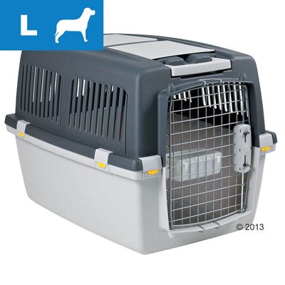 Transporter plastikowy z metalowymi drzwiczkami, rozmiar L, oznaczenie sylwetki psa w lewym górnym rogu na niebieskim tle.